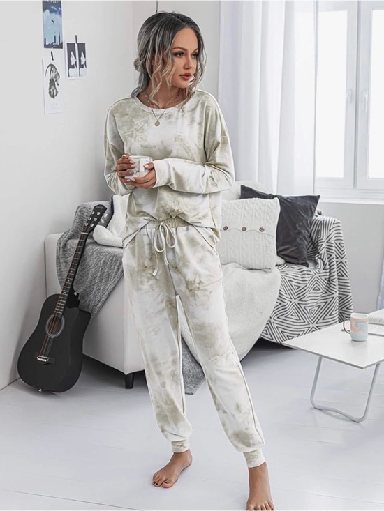 PrettyGarden Other - Women's Two Piece Loungewear Casual Tie-Dye Set - Cream Matching Outfit
